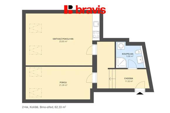 Pronájem bytu 2+kk, Brno - střed, ulice Koliště, podkrovní byt, klimatizace, podlahové vytápění