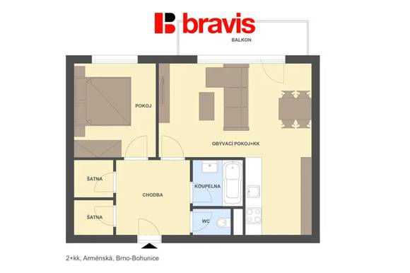 Prodej bytu 2+kk s lodžií, 2x komora,  Brno – Bohunice, ul. Arménská