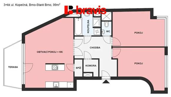 Pronájem bytu 3+kk, Rezidence Kopečná, Brno - střed, Kopečná ulice, terasa, 2 parkovací stání v zakladači