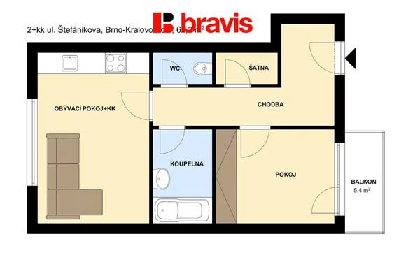 Pronájem bytu 2+kk, Brno - Ponava, novostavba, zařízený, klimatizace, balkón, sklep,parkovacího stání