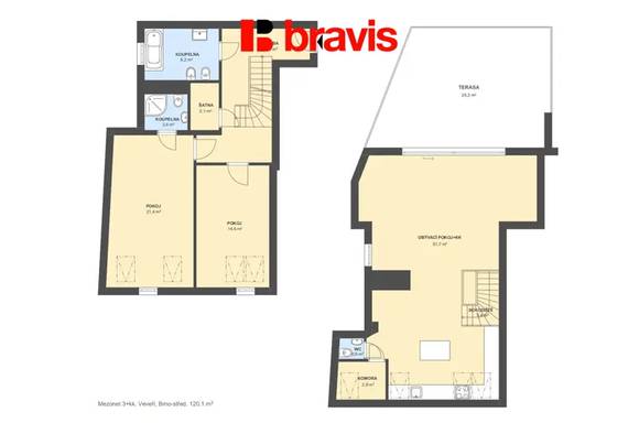 Pronájem luxusního mezonetového bytu 3+kk, ulice Veveří, Brno -město, parkovací stání, terasa