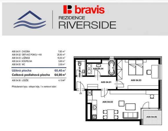 Prodej moderního bytu 2+kk, ul. Poříčí, Brno - Pisárky, rezidence Riverside, sklep, balkon, parkovací stání
