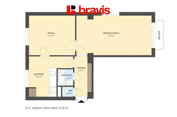 Pronájem bytu 2+1, Brno -  Staré Brno, ulice Výstavní, balkon