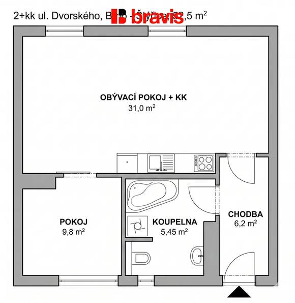 Pronájem moderního bytu 2+kk, ul. Dvorského, Brno - Štýřice, sklep, klimatizace, výborná dostupnost v blízkosti Spielberk office