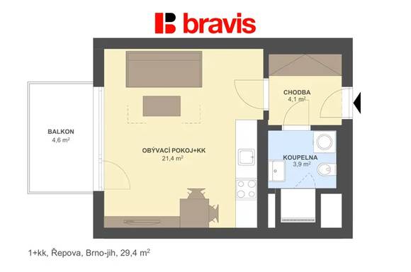 Apartment for rent 1+kk, Řepova street, parking space, balcony, cellar, new building - first tenant's advantage