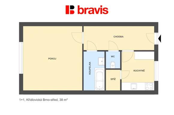 Pronájem bytu 1+1 38 m², ul. Křídlovická - Staré Brno sklep, pračka, centrum města