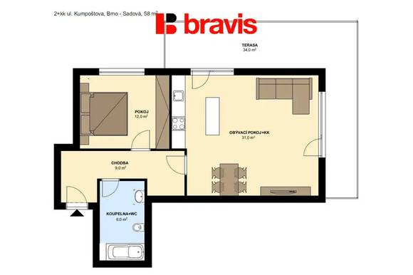 Pronájem bytu 2+kk, ulice Kumpoštova, Brno-Sadová, zařízený, výtah, velká terasa, sklep, garážové stání