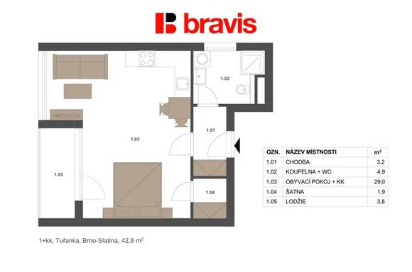 Pronájem útulného bytu 1+kk s lodžií – 42,8 m², Brno - Slatina, ul. Tuřanka