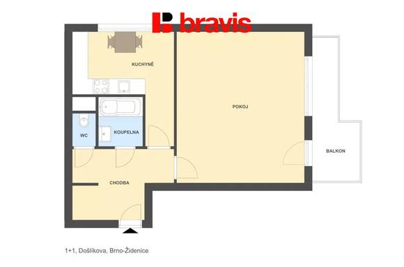 Pronájem bytu 1+1 37 m², Brno - Židenice, ulice Došlíkova, balkon, sklep