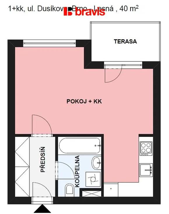 Pronájem bytu 1+kk, Brno - Lesná, Dusíkova ulice, garážové stání, sklep, balkón