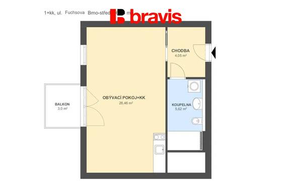 Pronájem bytu 1+kk, rezidence NOVÉ SADY, ul. Fuchsova, novostavba, klimatizace