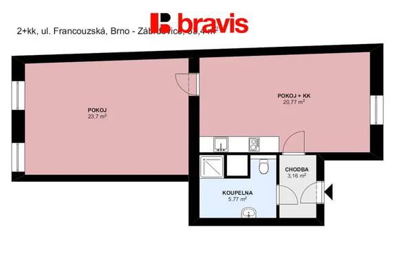 Pronájem bytu 2+kk, Brno - Zábrdovice, ul. Francouzská, výtah, po kompletní rekonstrukci