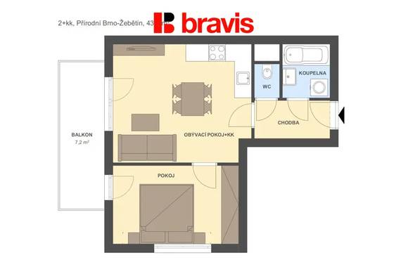 2+kk apartment for rent, Brno - Žebětín, Přírodí street, new building, balcony, cellar