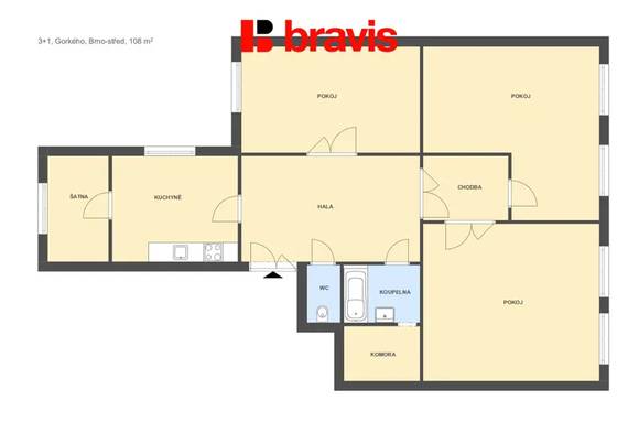 Pronájem prostorného bytu 4+1, 108 m² - Brno Veveří, možné i pro studenty, centrum města, skvělá lokalita