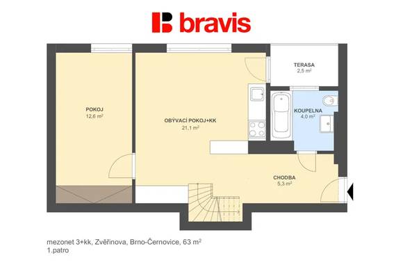 Pronájem bytu 3+kk 63 m², Brno - Černovice, ulice Zvěřinova, klimatizace, zařízený