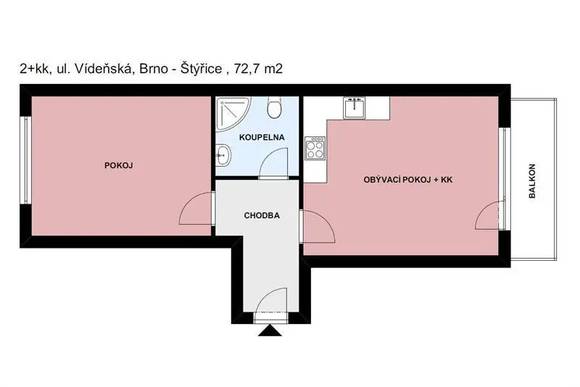 Podnájem prostorného bytu 2+kk, ul. Vídeňská, Brno- Štýřice, balkon, zařízený