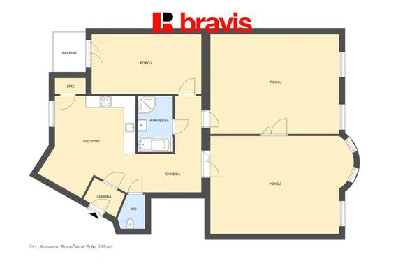 Pronájem prostorného bytu 3+1,115 m², Brno – Černá Pole, ulice Kunzova, balkon