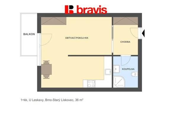 Pronájem bytu 1+kk, Brno - Starý Lískovec, ulice U Leskavy, zařízený, balkon