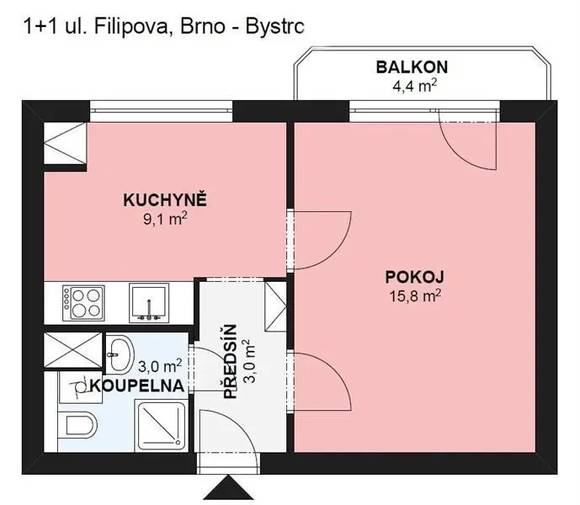 Pronájem bytu 1+1, ul. Filipova, Brno - Bystrc, lodžie, klidná lokalita