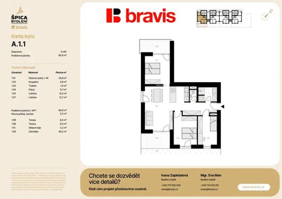 Prodej moderní, nízkoenergetické novostavby, byt 4+kk, 80,9m², Tuřany, zahrada, možnost sklepa a parkování