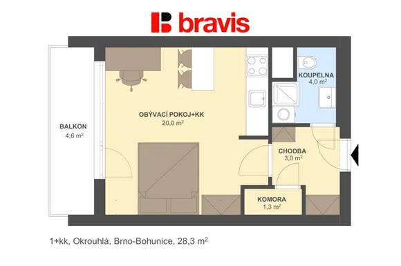 Pronájem bytu 1+kk, Brno - Bohunice, okrouhlá ulice, balkon, sklep