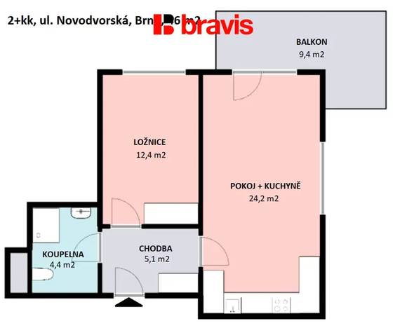 Pronájem bytu 2+kk, Brno - Kamechy, Novodvorská ulice, novostavba, terasa, sklep, klidná lokace