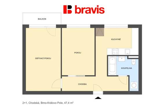 Pronájem bytu 2+1, ul. Chodská, Brno - Královo Pole, balkon, po částečné rekonstrukci