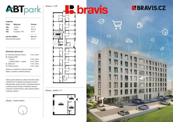 Pronájem moderního, kompletně zařízeného bytu 1+kk, parkovací stání v ceně, v blízkosti centra, ulice Bohunická, ABT park