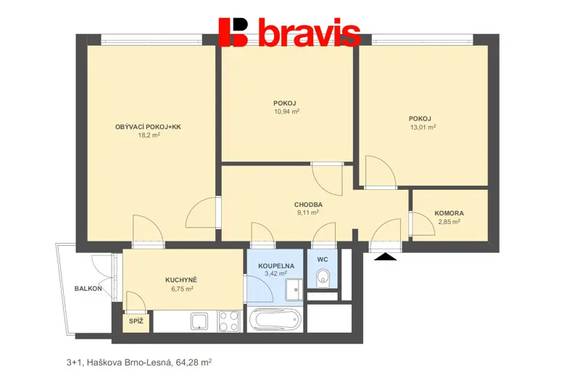 Pronájem bytu 3+1, Brno - Lesná, ul. Haškova, po kompletní rekonstrukci, balkon, sklep