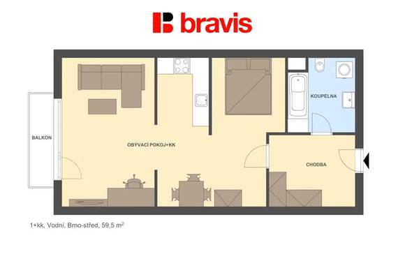 Pronájem prostorného bytu 1+kk se spací nikou, Brno - Staré Brno, ulice Vodní, balkon, kompletně zařízený