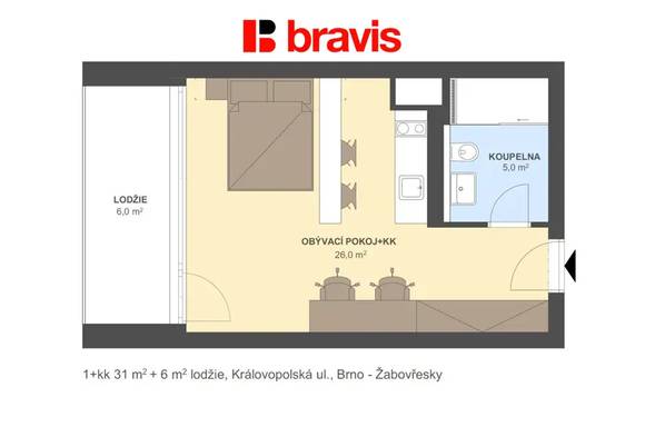 Pronájem 1+kk, Královopolská ul. Brno – Žabovřesky, zařízený, wifi v ceně