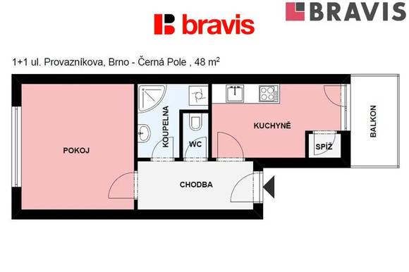 Pronájem bytu 1+1, Brno - Černá Pole, ulice Provazníkova, balkon, internet v ceně